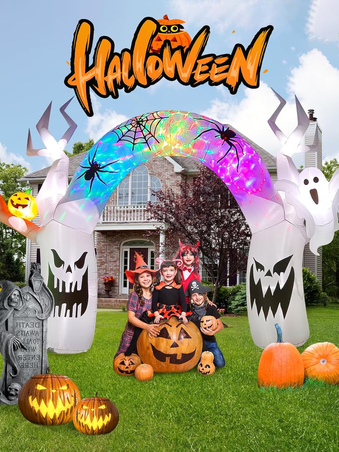 Kalolary 17FT Halloween Inflatable with Colorful Pumpkin & Ghost – Built-in LED Lights for Yard, Lawn, Garden, Indoor & Outdoor Halloween Party Decorations