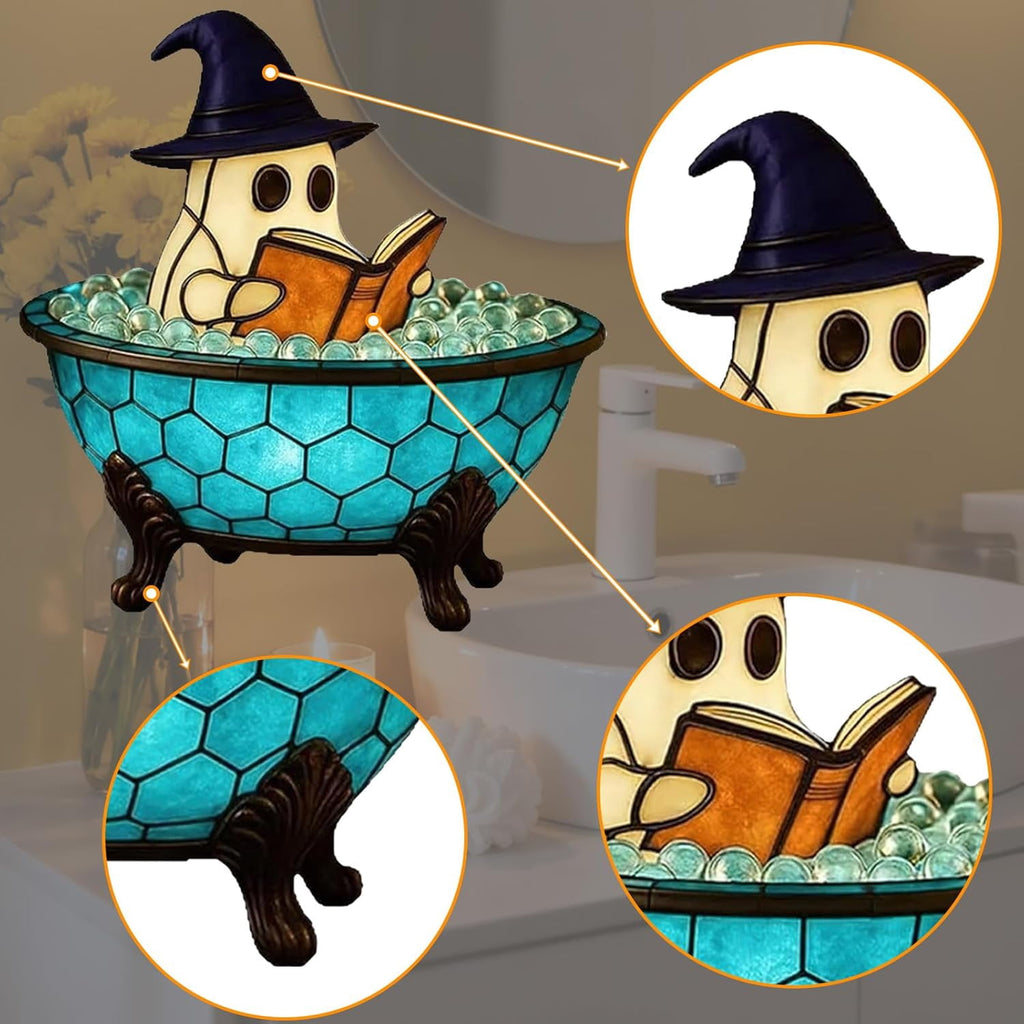 Ghost Bubble Bath LampHalloween Bathroom Decor Gifts Under 20 Bathtub Ghost & Dog Resin Figurine, Warm LED Halloween Tabletop Decor for Bathroom, Bedroom, Kids Room & Fall Home Accent