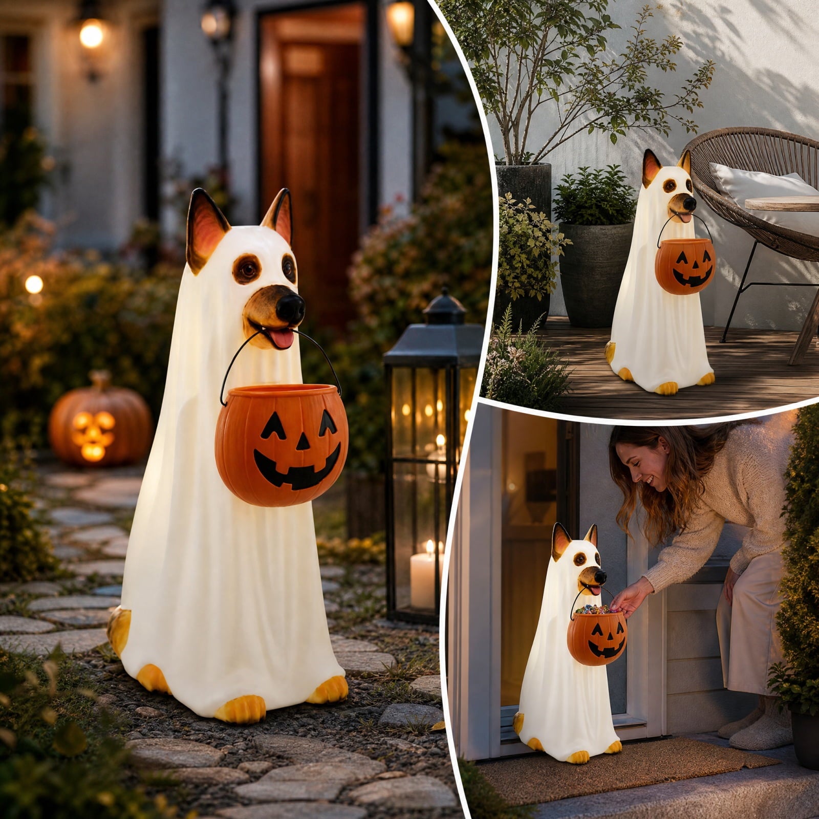 LED German Shepherd Blow Molded Halloween Statue, Light Up Ghost Dog Figure with Pumpkin Candy Bucket, Glowing German Shepherd Halloween Decoration for Outdoor Porch Yard Fall Spooky Season Home