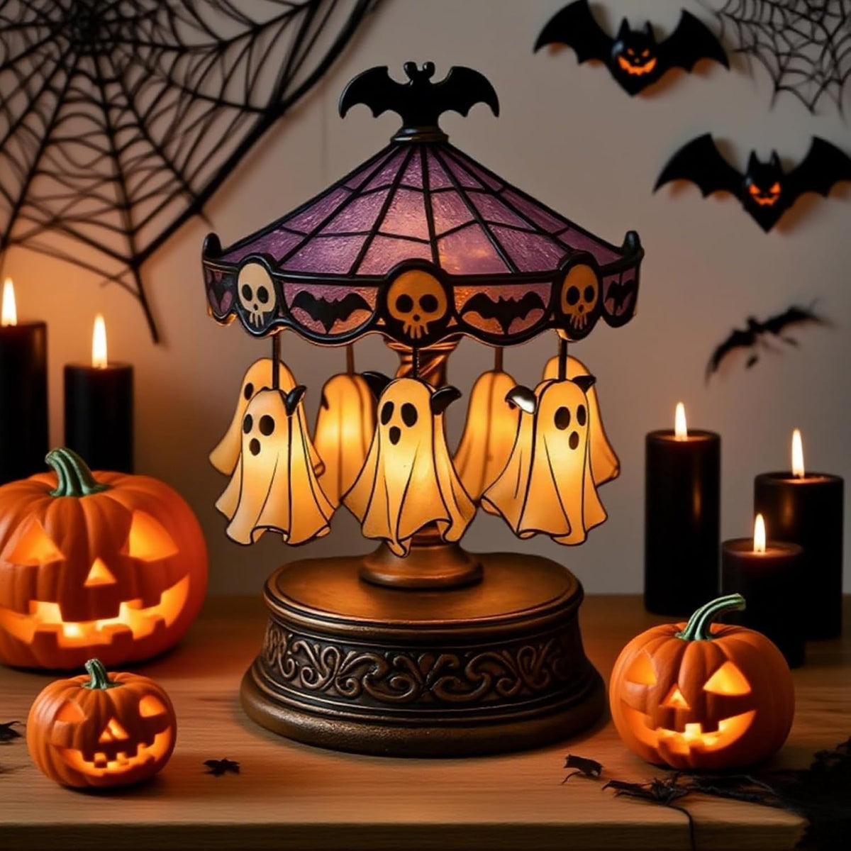 HaCpiu Halloween Ghost Carousel Night Light, Halloween Rotating Desktop Sculpture with LED Glow, Spooky Animated Tabletop Decoration for Indoor Holiday Accent