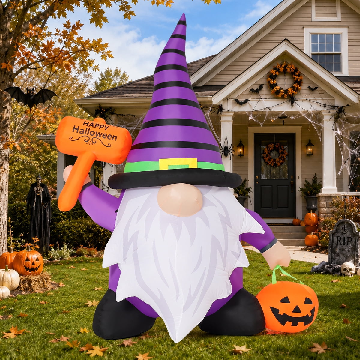 GOOSH Halloween Inflatables 6.7 FT Inflatable Gnome with Built-in LED Lights, Cute Halloween Inflatable Gnome Blow up Gnome with Pumpkin, Outdoor Halloween Decorations for Halloween Holiday Party