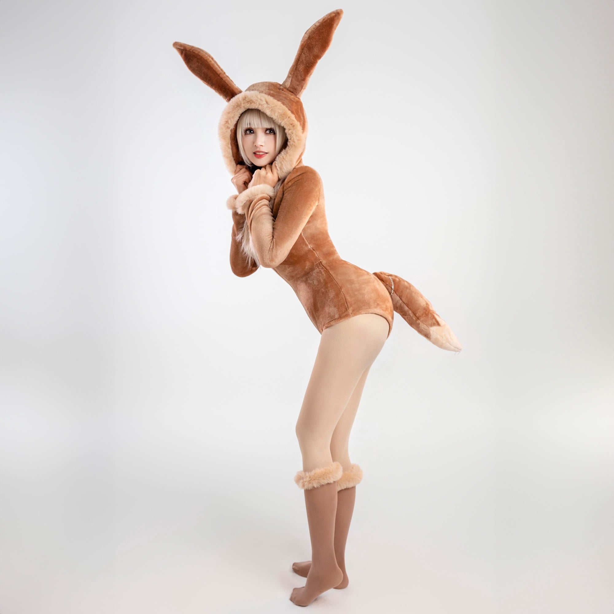 Women sexy Fluffy Hooded Bodysuit Halloween Deep V Kawaii One Piece Lingerie Rompers with Choker and Socks