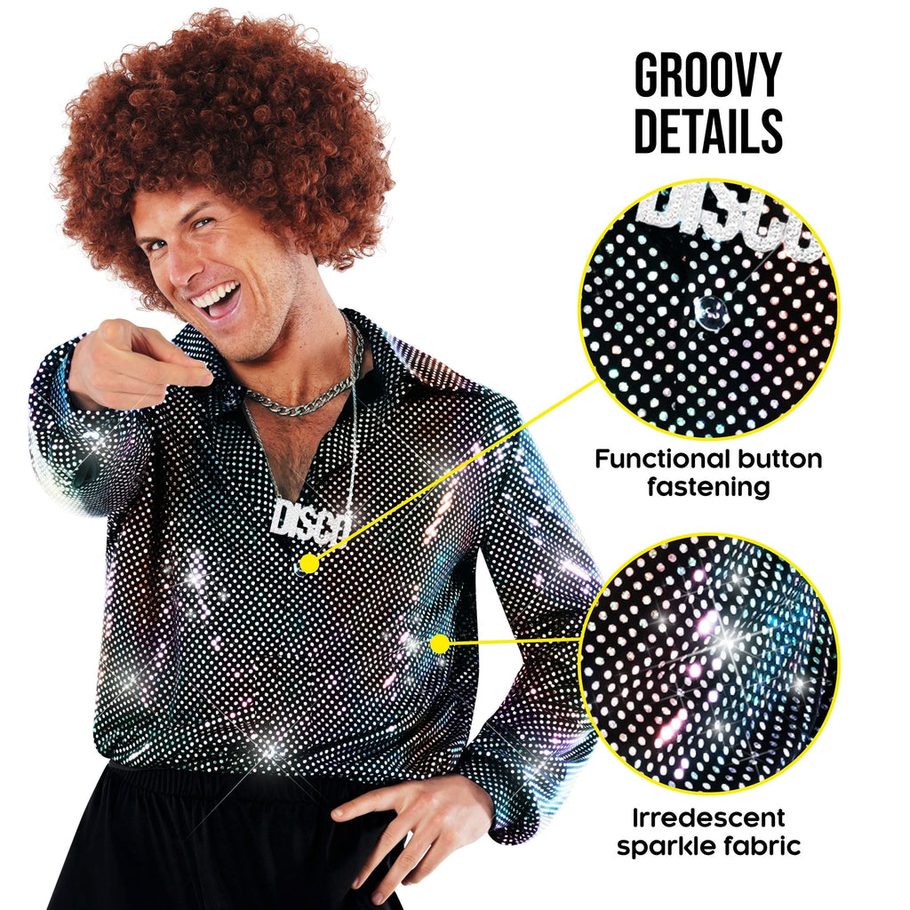 Morph Morph Disco Shirt Mens 70S Costume, Fancy Dress Outfit for Men, Retro 1970S Disco Party Wear, 80S Theme Costume Halloween Costume for Men Silver Small
