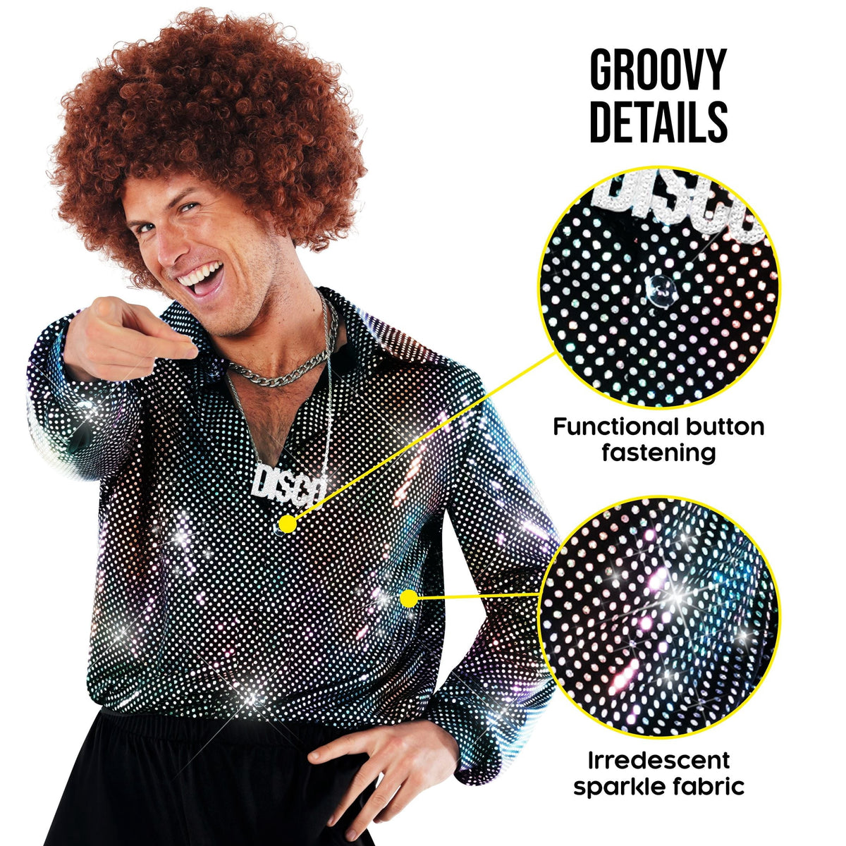 Morph Morph Disco Shirt Mens 70S Costume, Fancy Dress Outfit for Men, Retro 1970S Disco Party Wear, 80S Theme Costume Halloween Costume for Men Silver Small