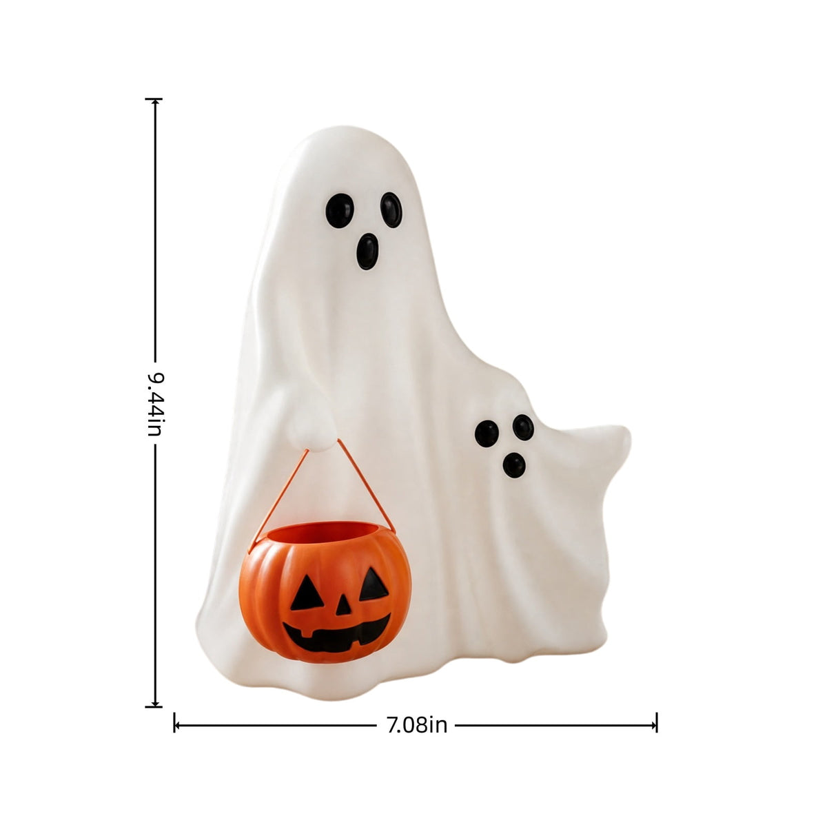 Trick or Treat Ghost Statue, Lighted Halloween Ghost Figurine with Pumpkin Candy Bucket, Blow Mold LED Decoration for Fall Porch Tabletop Home Decor