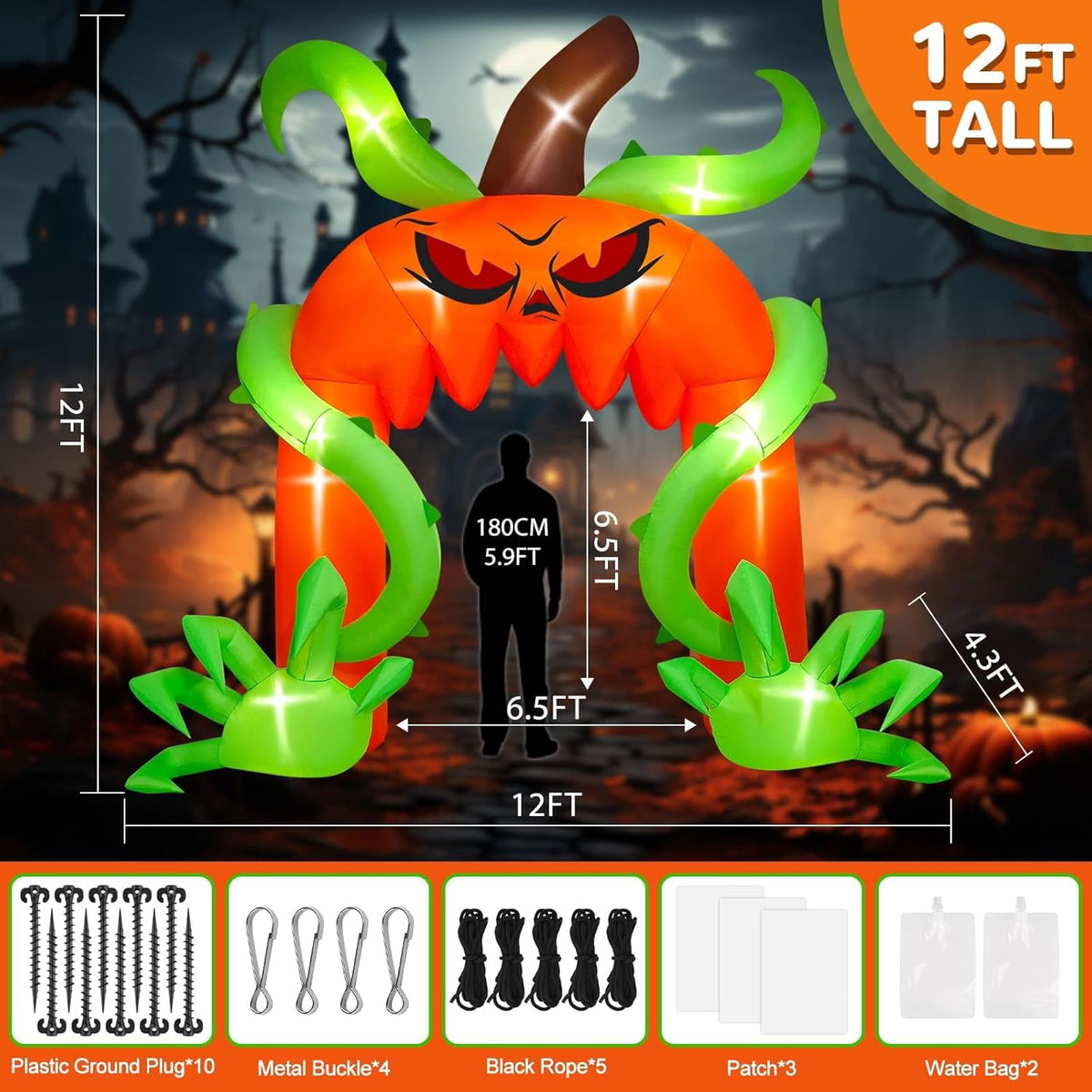 Kalolary 12FT Giant Halloween Pumpkin Arch Inflatable with LED Lights, Scary Blow-Up Decoration for Lawn, Garden, and Yard Holiday Party