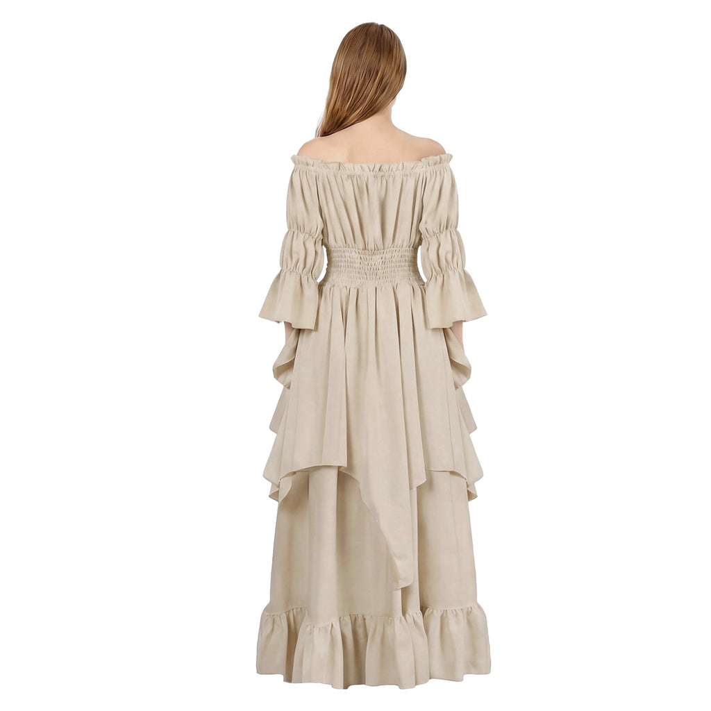 IROOZIGOTO Womens White Medieval Renaissance Maxi Dress Off Shoulder Long Flare Sleeve with Brown Lace Up Corset Belt Halloween Cosplay Costume