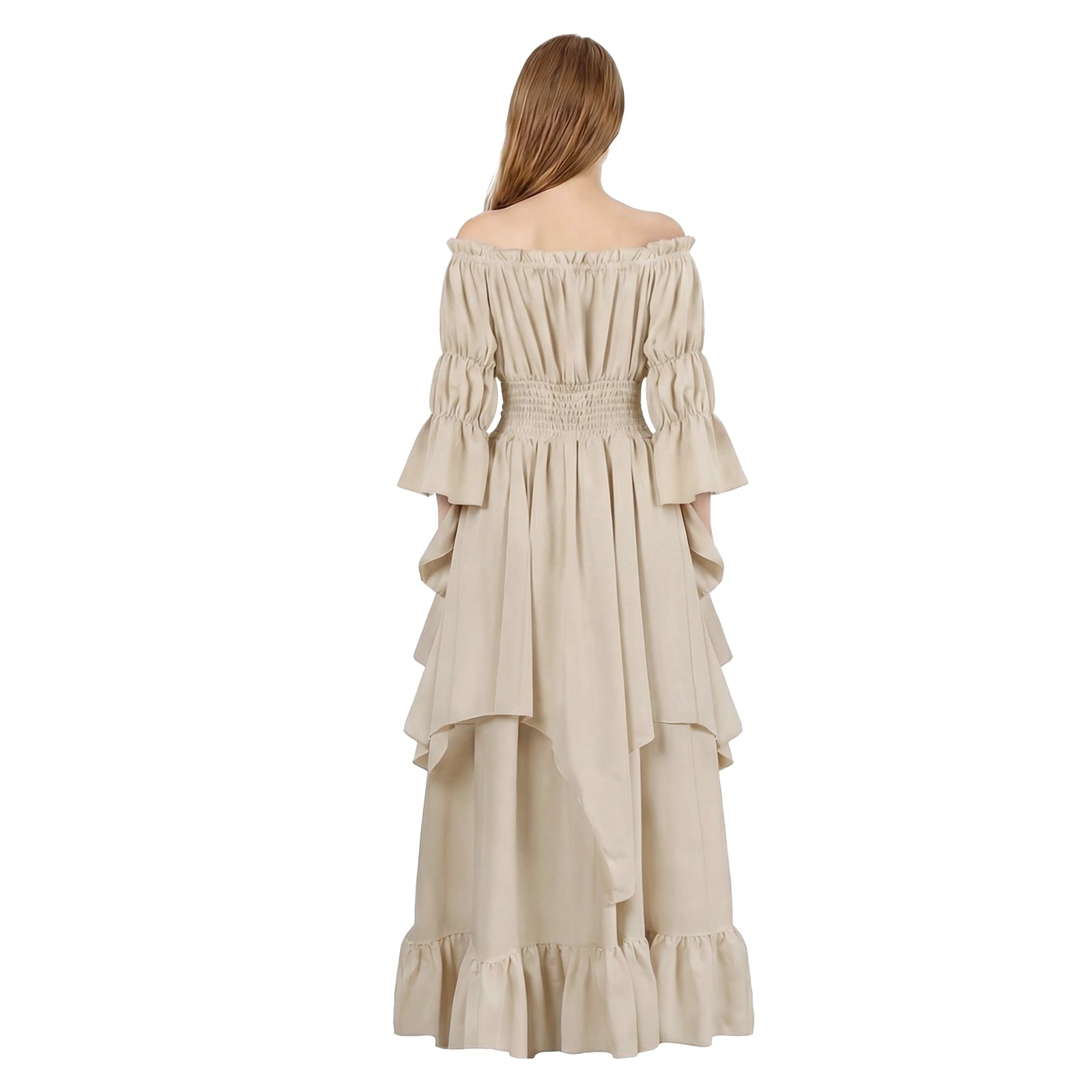 IROOZIGOTO Womens White Medieval Renaissance Maxi Dress Off Shoulder Long Flare Sleeve with Brown Lace Up Corset Belt Halloween Cosplay Costume