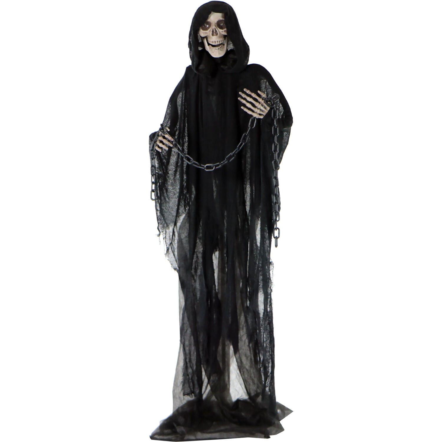 Haunted Hill Farm 5 ft Life-Size Animated Grim Reaper Prop w/ Chain and Rotating Head for Indoor or Outdoor Halloween Decoration, Battery-Operated