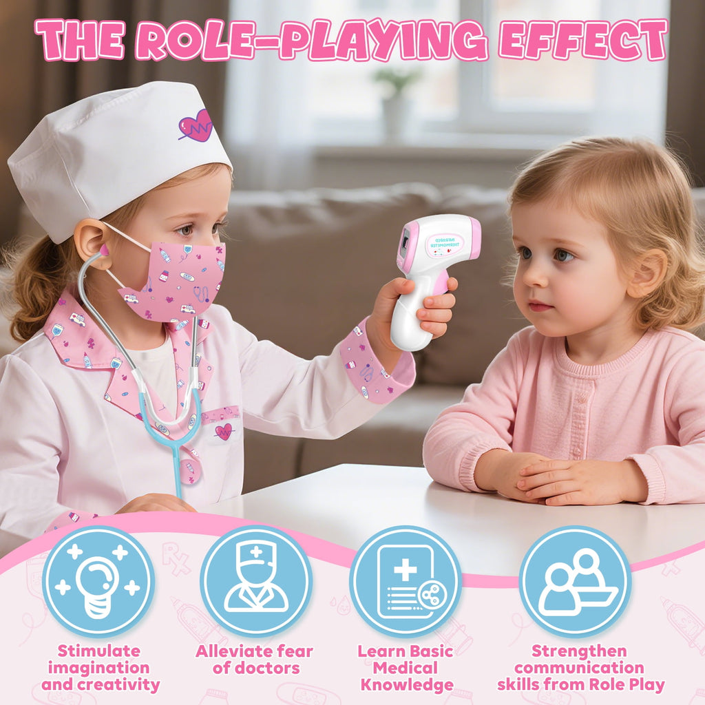 Doctor Costume for Kids Doctor Coat, Doctor Dress Up and Play Set 8 PCS with Real Stethoscope, Lab Coat Career Day Costume Kit for Toddlers Girls 3-12 - Pink