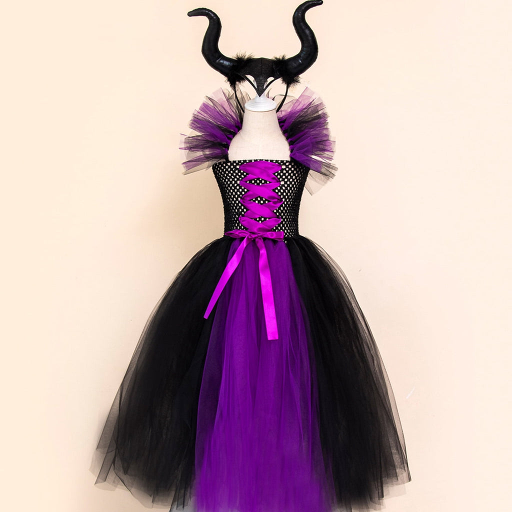 KAWELL Halloween Maleficent witch dress with headband set vampire witch costume 1-12 years old