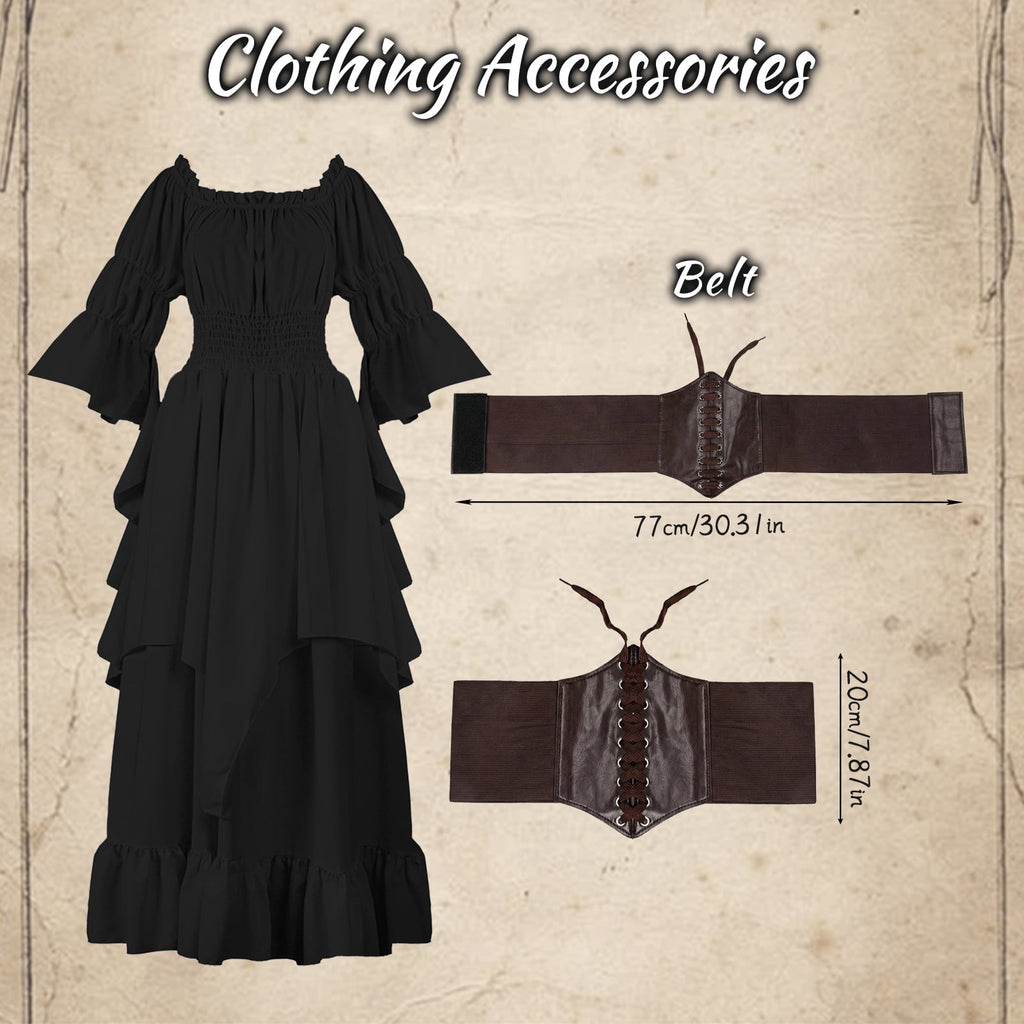 IROOZIGOTO Womens White Medieval Renaissance Maxi Dress Off Shoulder Long Flare Sleeve with Brown Lace Up Corset Belt Halloween Cosplay Costume