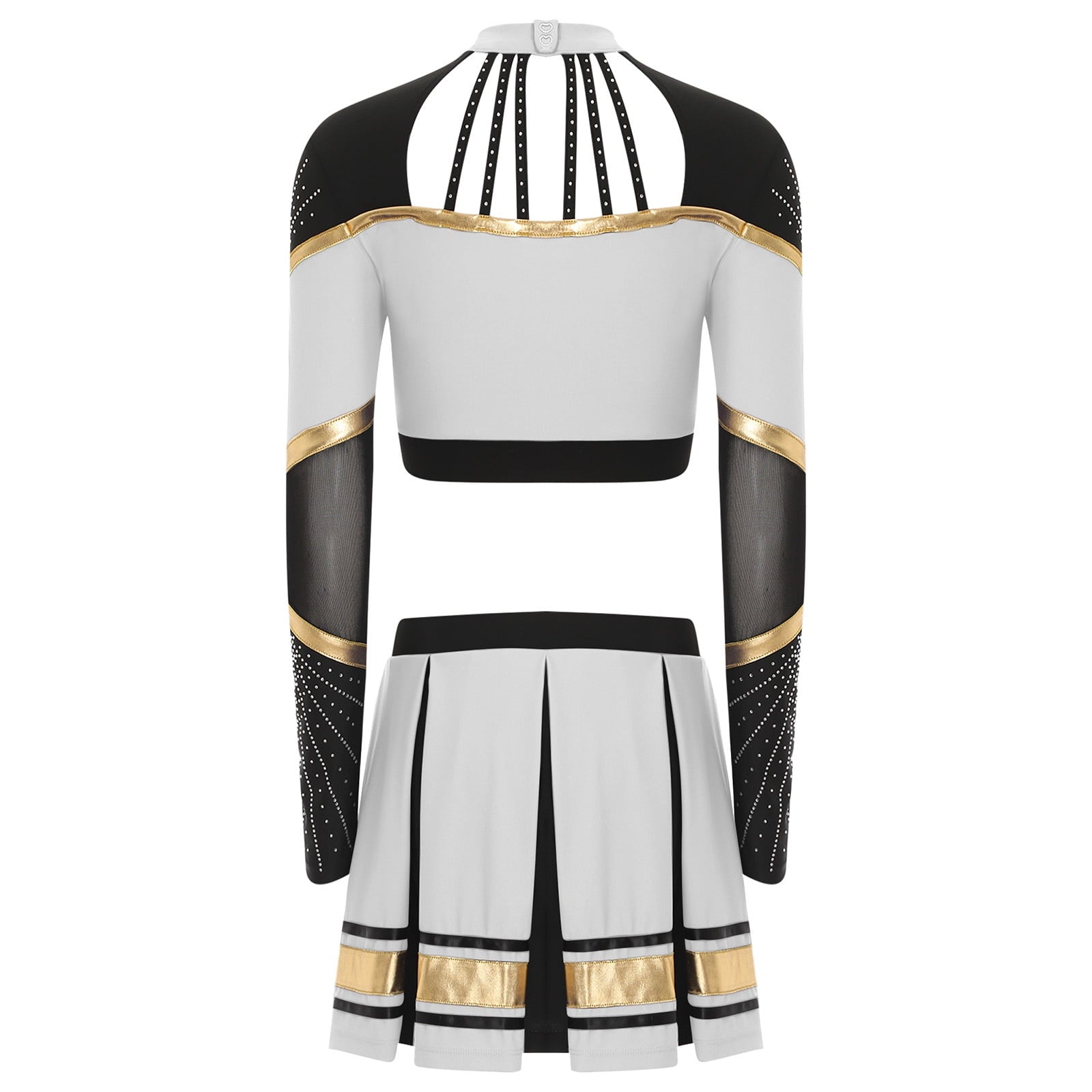 TiaoBug Women Cheer Leader Uniform Dance Cheerleading Costume Long Sleeve Crop Top with Mini Skirt White S