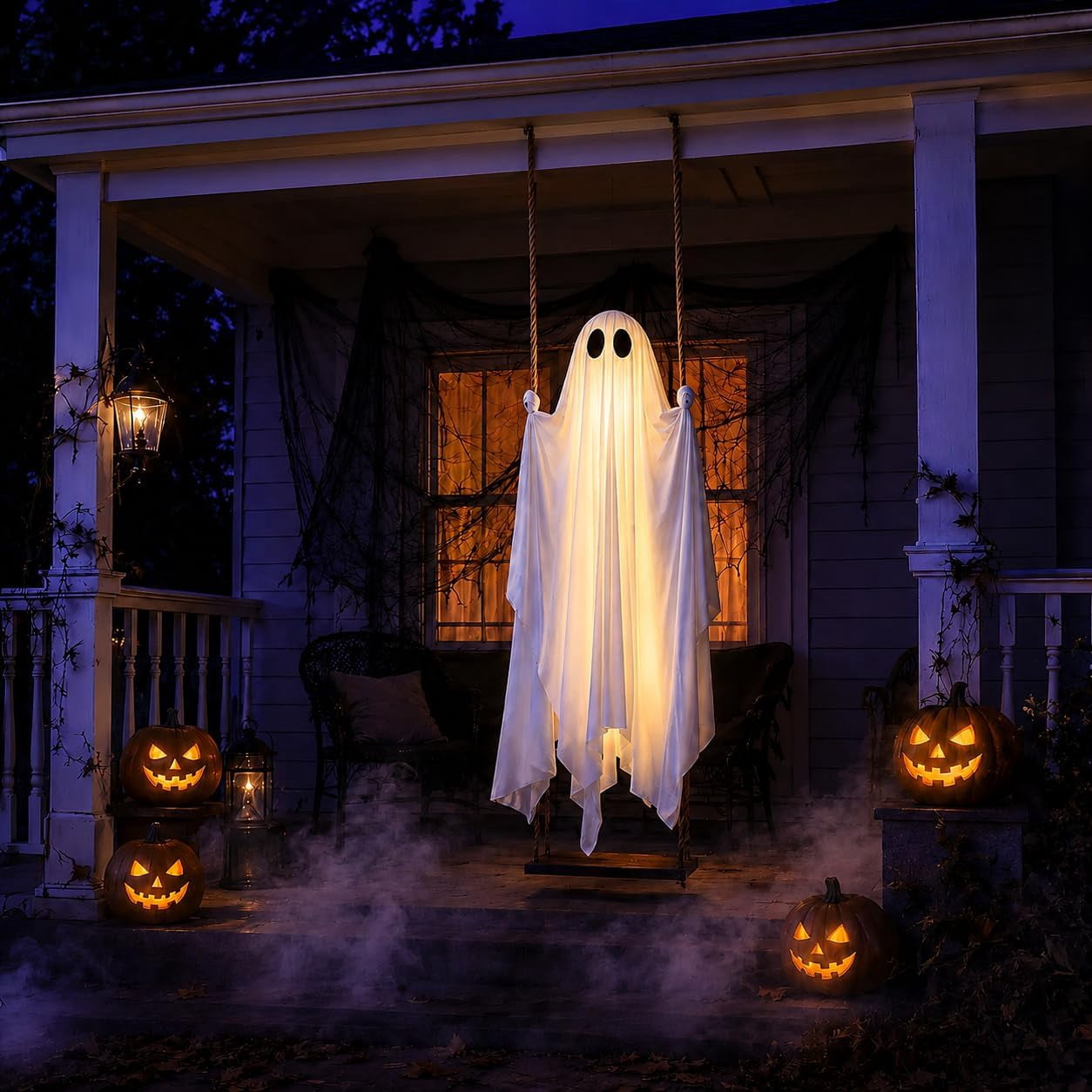 Halloween Decorations Outdoor - 5 FT Large Hanging Swing Ghost Halloween Decor with String Lights, Spooky Cute Ghosts Decorations for Front Porch Yard Tree