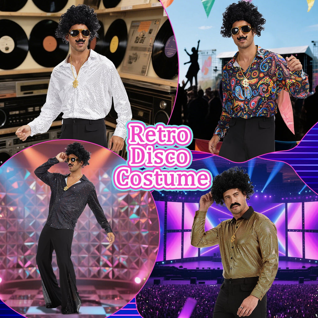 MYATED 70s Disco Costume for Men 6 Pcs Dance Bell Bottom Pants Retro Shirts Wigs Sunglasses Necklace Shirts for Disco Party (Black,L)