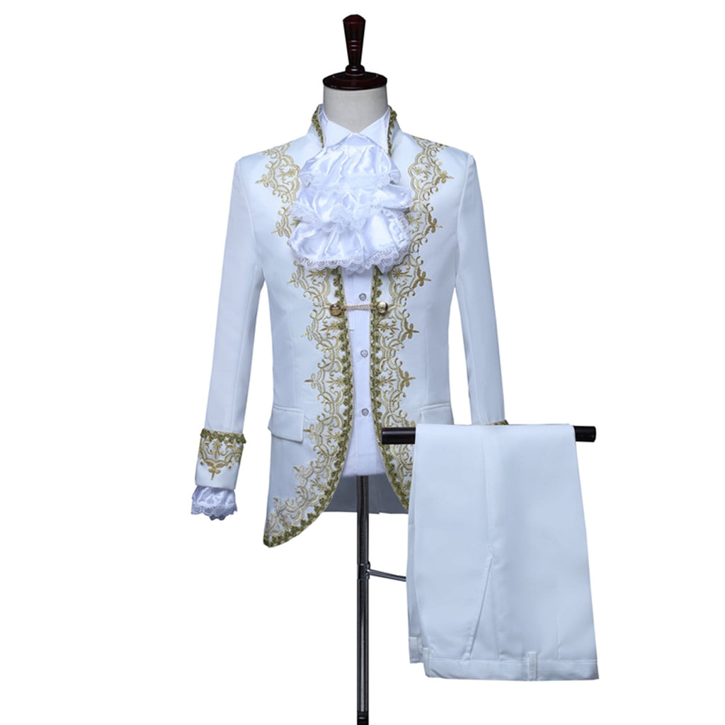 Odeerbi Mens Steampunk Tailcoat Gothic Medieval Gold Embroidery Jacket Halloween Tuxedo Coat Frock Uniform European Court Performances Prince Uniforms Coat White