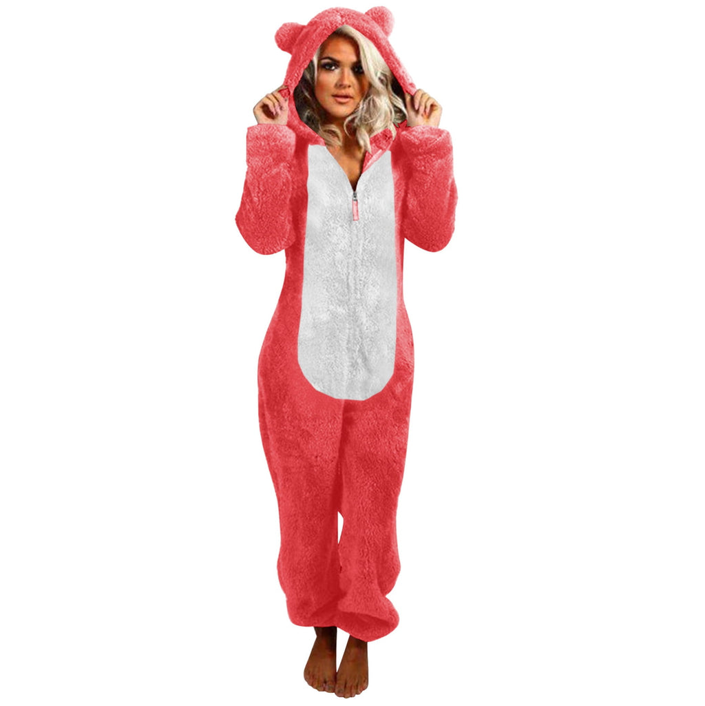 QATAINLAV Sherpa Fleece Jumpsuit for Women Winter Warm Fuzzy Onesie Pajamas Cute Cat Hooded Romper Casual Zip Up Overalls Sleepwear Black XL
