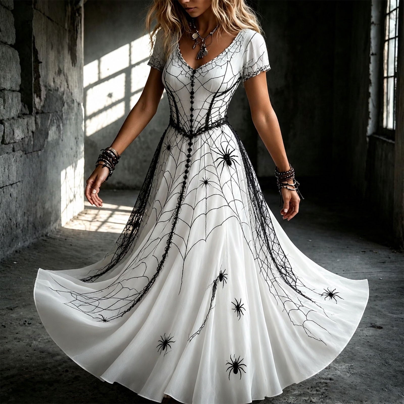 KICILVS Gothic Clothes For Women Black Spiderweb And Spider Print Flowing V Neck Long Maxi Dress Halloween Cosplay Gothic Party Dress