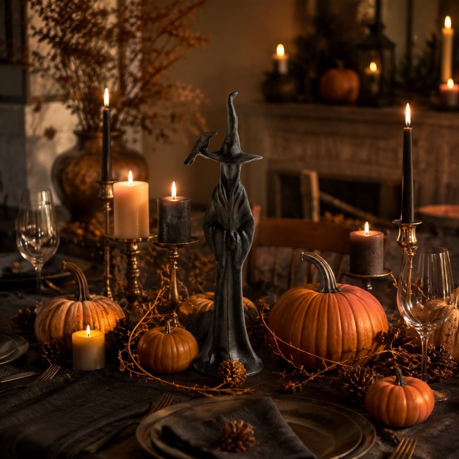 QLUEWX Halloween Sculpted Black Witch Statue, Resin Gothic Witch Figurine with Crow, 10 Inch Vintage Black Witch Sculpture Decor for Tabletop Mantel Shelf Home Holiday Party Decoration