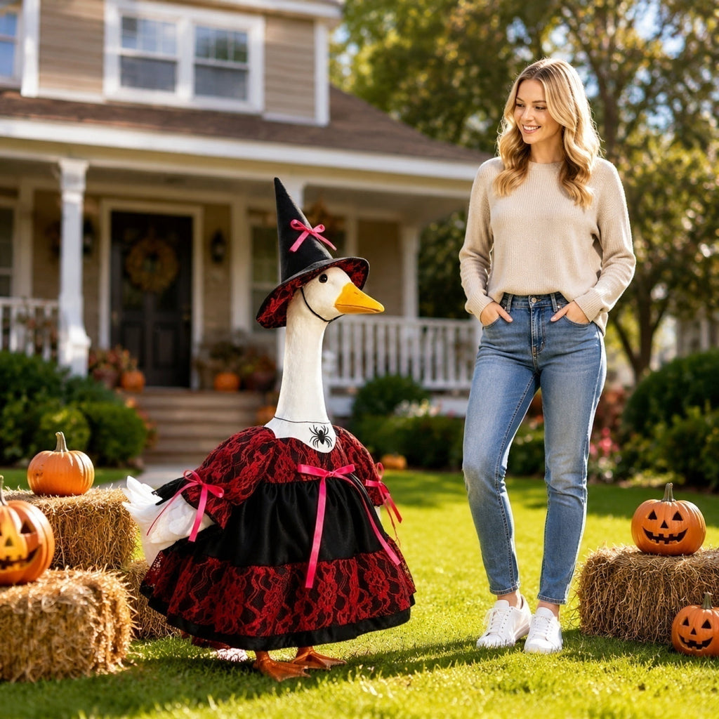 Bat Witch Hat Spiderweb Halloween Goose Clothes Fit 17/23In Cement Plastic Lawn Goose, Stylish Full Set for Outdoor Yard Patio Garden Seasonal Halloween Home Ornamental Arrangement