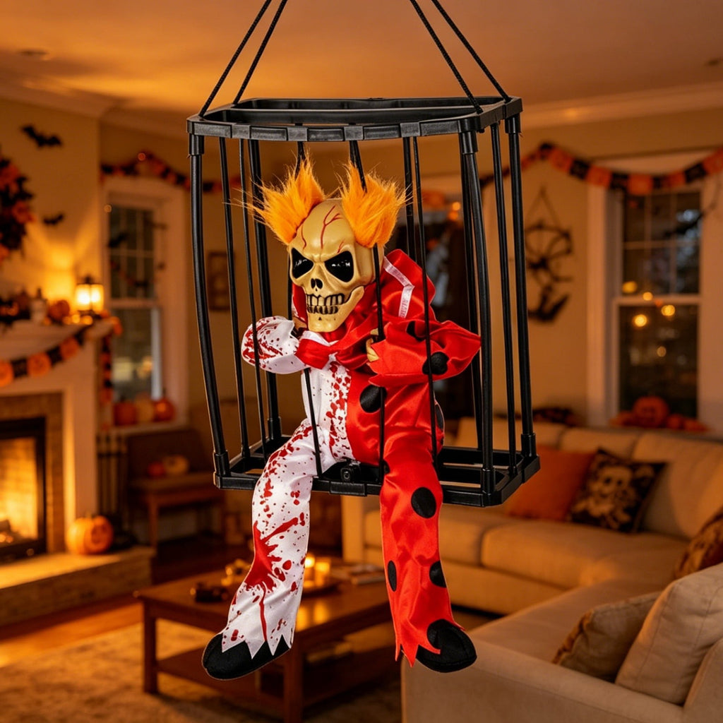 XIA0LE Halloween Hanging Caged Skeleton Prisoner Decoration, Animated Shaking Scary Ghost With Motion Sensor & Sound, Glowing Red Eyes Activated For Indoor Outdoor Party Decor (C)