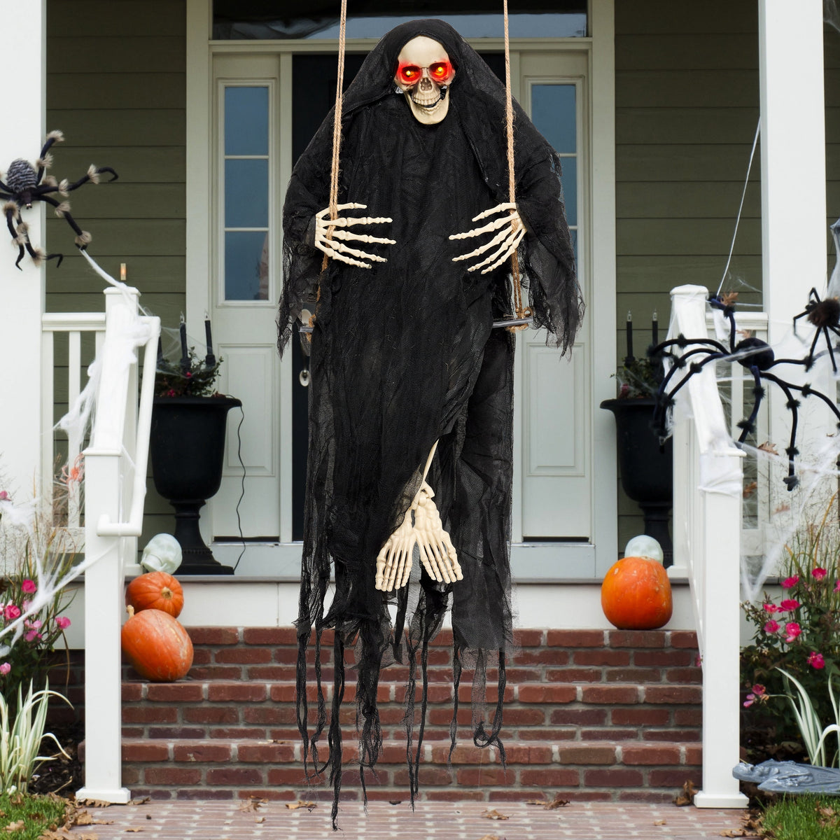 Joyfy 3 FT Halloween Hanging Swinging Skeleton,Light Up Creepy Grim Reaper with Black Hood Decorations for Halloween Hanging Decorations Indoor Outdoor Yard Home Decorations