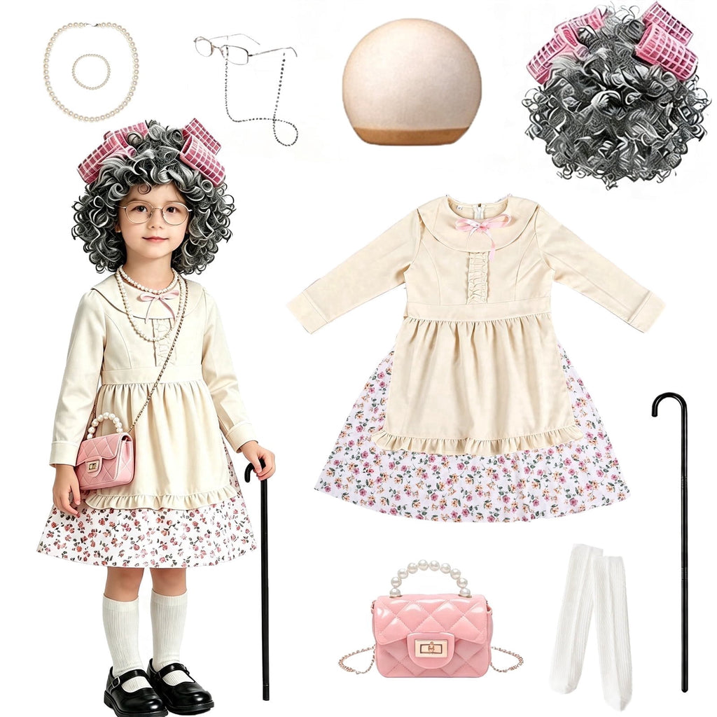 Girls Old Lady Costume 10Pcs Set - 100 Days of School Halloween Costume Grandma Dress Up Granny Outfit