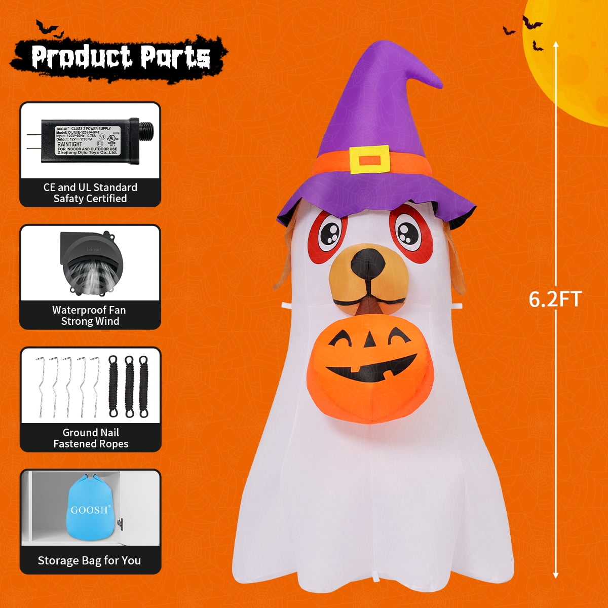 GOOSH Halloween Inflatables 6 FT Inflatable Ghost Dog with Pumpkin in Mouth & Witch Hat, Halloween Ghost Dog Inflatables with LED Lights, Outdoor Halloween Decorations for Halloween Holiday Party