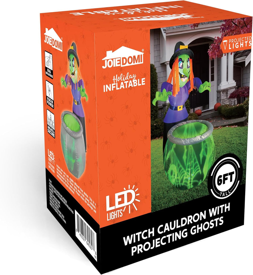 Joyfy 6 ft Halloween Inflatable Witch & Cauldron,Blow Up Decor with Rotating Green Ghost Projection Built-in LEDs,Outdoor Decoration for Party,Yard,Garden
