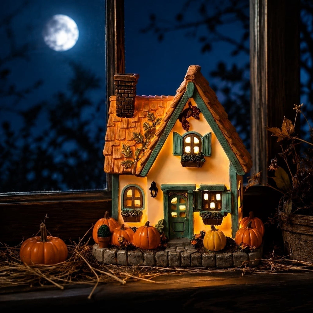 Fall Harvest Light Up Cottage House, LED Resin Pumpkin Autumn Halloween Thanksgiving Tabletop Decor with Warm Glow for Mantel Shelf Home Office Seasonal Decoration, 6" (1 PC)