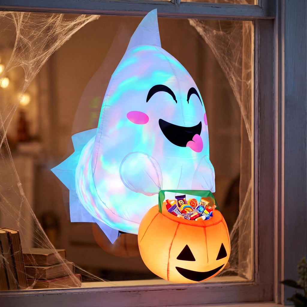Joyfy 4.5 FT Halloween Inflatable Decorations Outdoor Scary Flying Ghost Broke Out from Window with Built-in LED Blow Up Inflatable for Window Decoration Yard Garden Lawn Decor