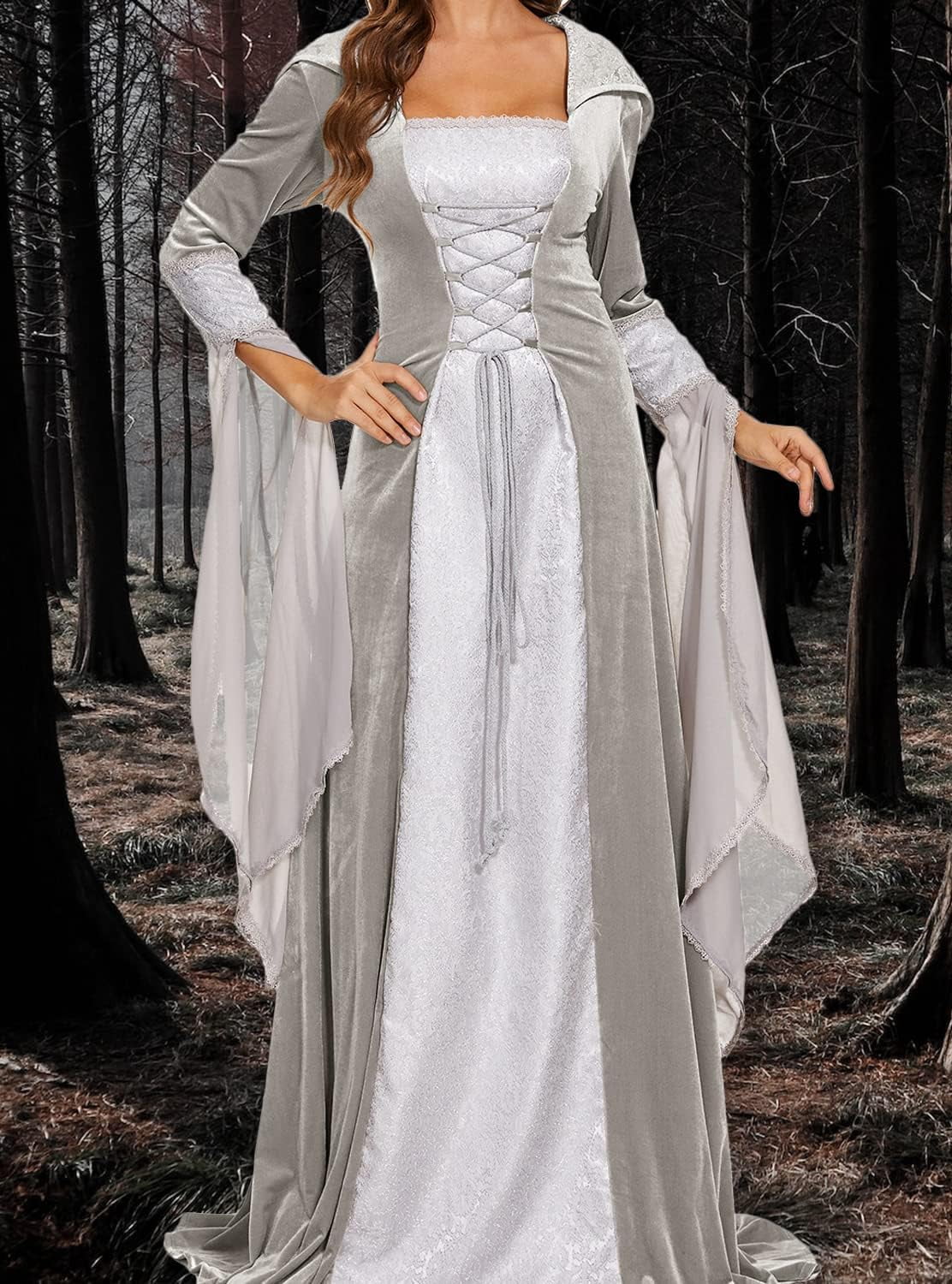Halloween Witch Costume Women, Deluxe Witch Dress Costume, Vintage Embroidered Renaissance Gothic Hooded Vampire Gown Dress Cosplay Costumes Black M