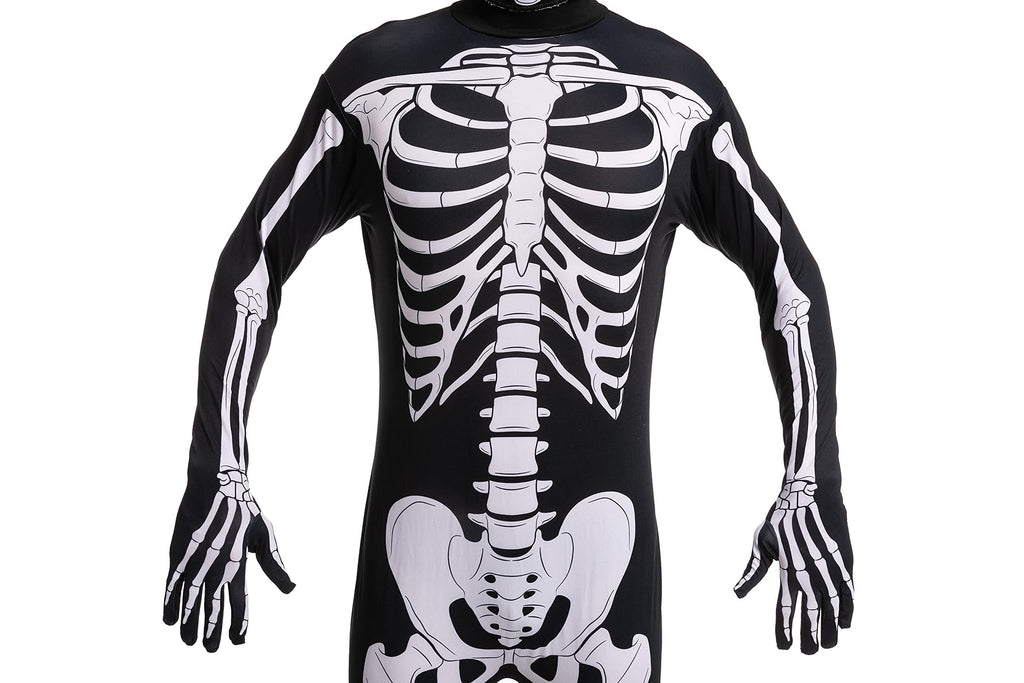 Joyfy Skeleton Costume for Adults, Skeleton Bone Bodysuit Halloween Costumes for Men with Skeleton Hood Mask, Halloween Party Fancy Dress-up