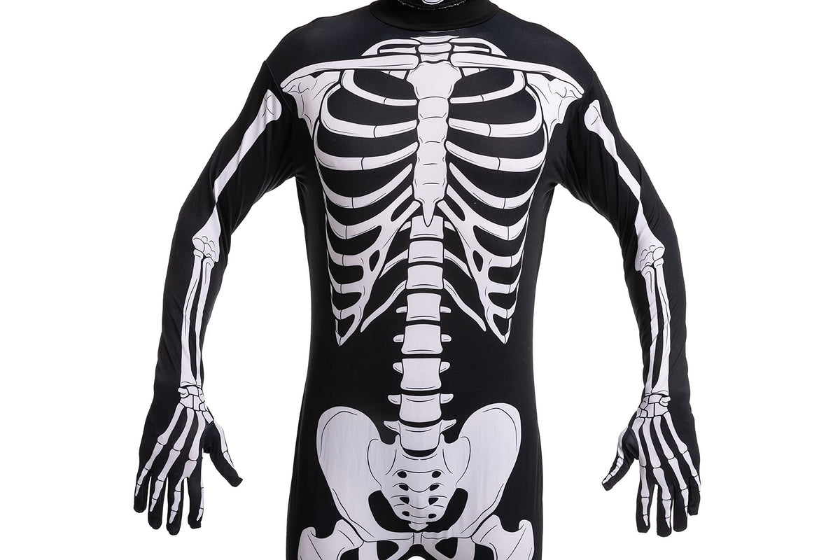 Joyfy Skeleton Costume for Adults, Skeleton Bone Bodysuit Halloween Costumes for Men with Skeleton Hood Mask, Halloween Party Fancy Dress-up