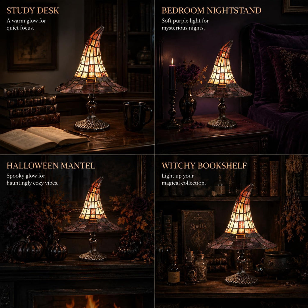 Clearance Halloween Table Lamp Decorations, Witch Hat Lamp Gifts - Handcrafted Retro Resin Witch Lamp, USB Powered Gothic Wizard Hats Night Light, Home Decor Accent Lamps for Bedroom