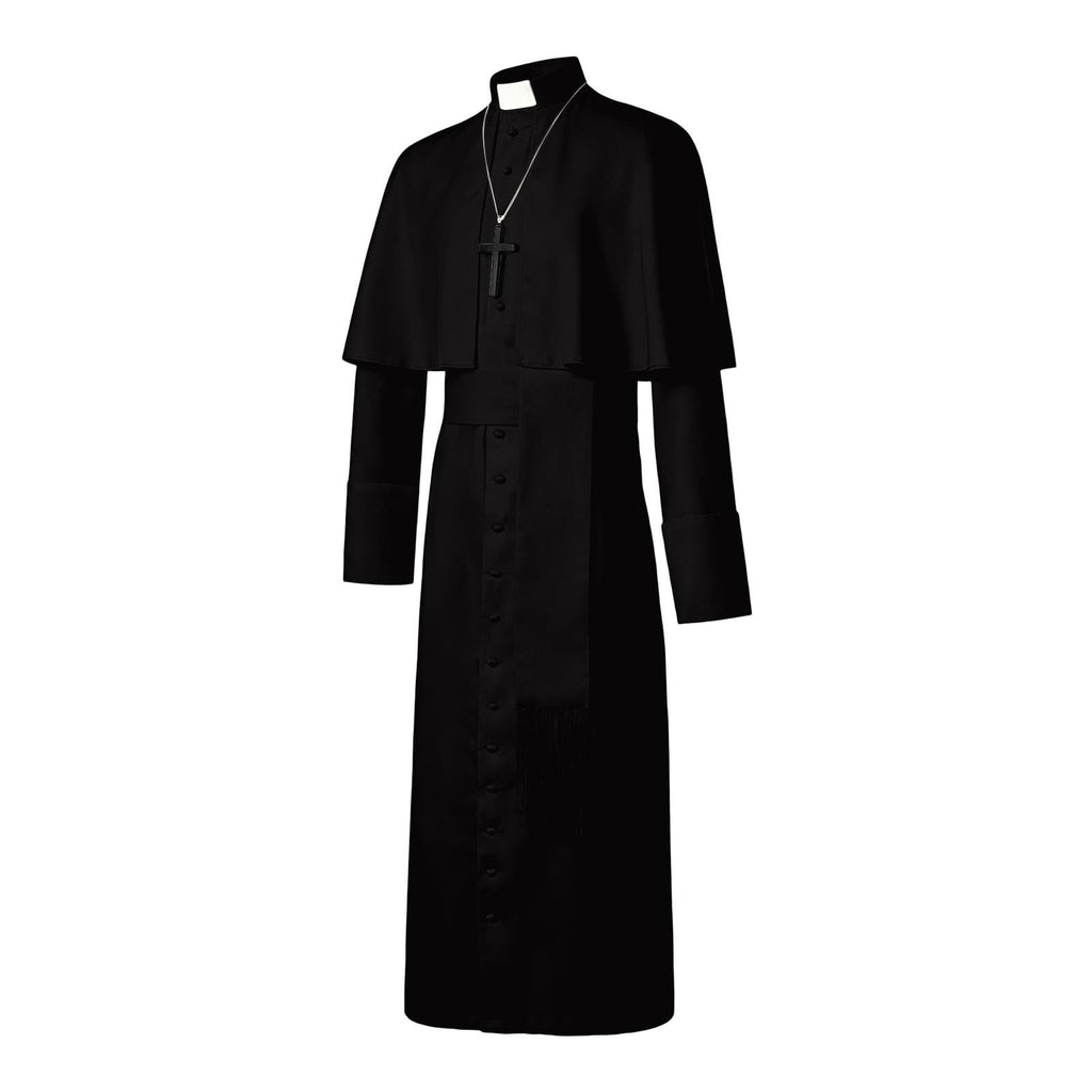 JOANKDMI Catholic Priest Costume for Men Clergy Cassock Robe with Capelet and Sash Halloween Party Outfit Religious Father Minister Fancy Dress for Men