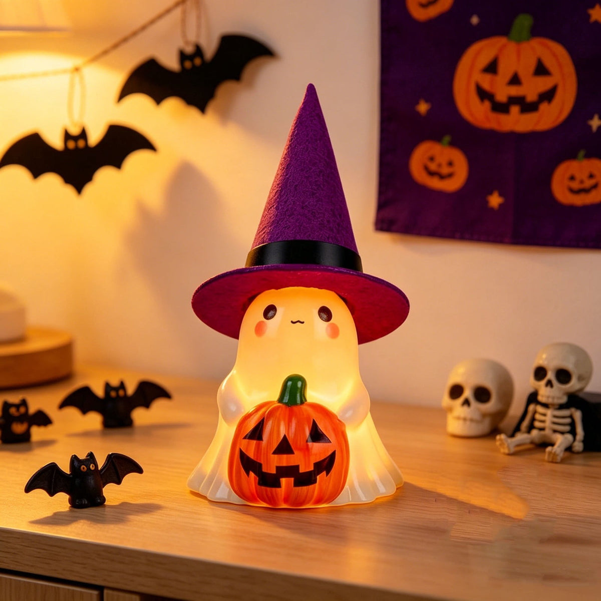 Fwttom Ghost Night Light, Halloween Lights Cute Ghost Reading Book Lamp, Halloween Decorations Indoor Light Up Ghost Statue Ghost Light for House Mantel Bedside