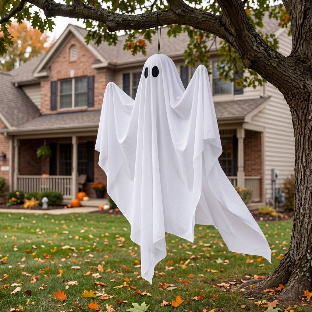 Joyfy 47" Halloween Hanging Light up Ghost Decorations Outdoor,White Ghosts with Blue LED Light and Timer Halloween Hanging Decoration Waterproof for Front Yard Patio Lawn