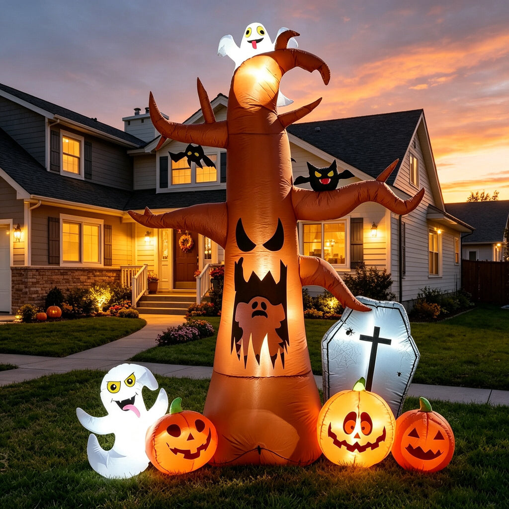 Coolmade 8 ft Halloween Inflatable Dead Tree with Ghost Pumpkins Tombstone Bat Built‑in LED Lights Outdoor Yard Decor`