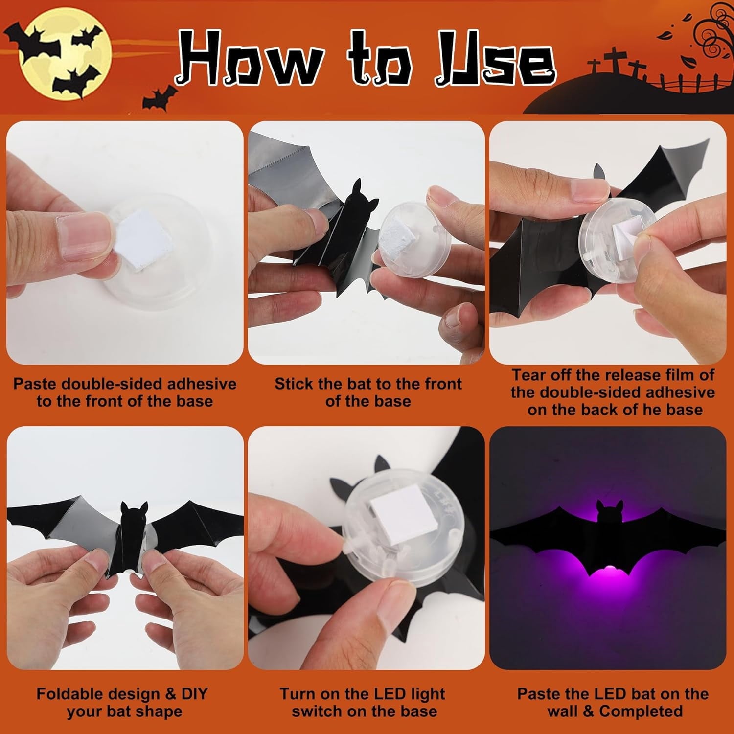 CQHVKQ 60 PCS Halloween Bats Decorations, Realistic 3D LED Bats Wall Stickers Decor, Assorted Size Removable Lighted PVC Bats DIY Wall Sticker for Halloween Party, Bedroom, Home, Indoor and Outdoor