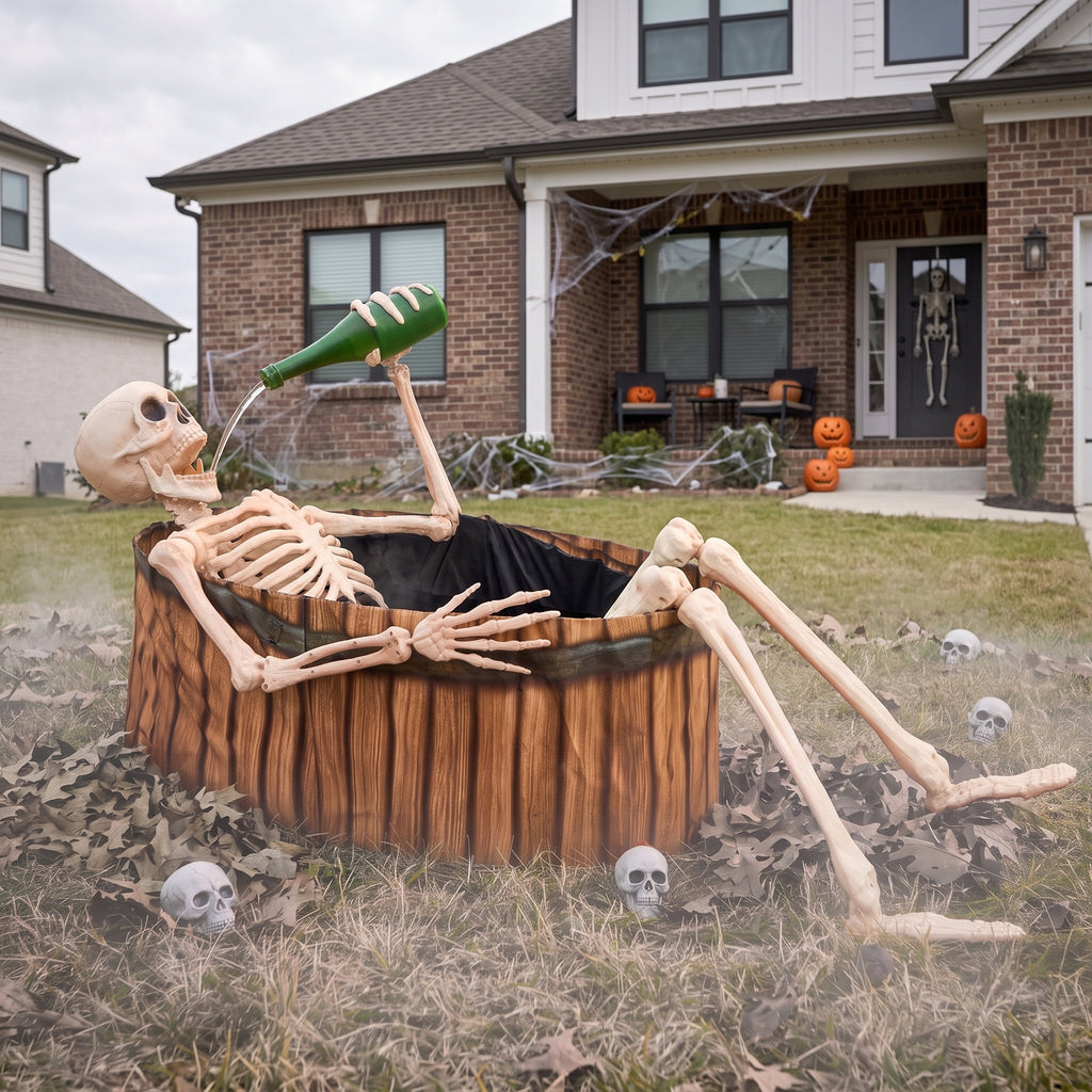 Joyfy 5ft Drinking Skeleton Halloween Animatronic Decorations, Outdoor Haunted Props with Endless Liquid Pouring Effect, Green LED Lights & Spooky Sounds, Life-Size Skeleton for Garden Yard Lawn