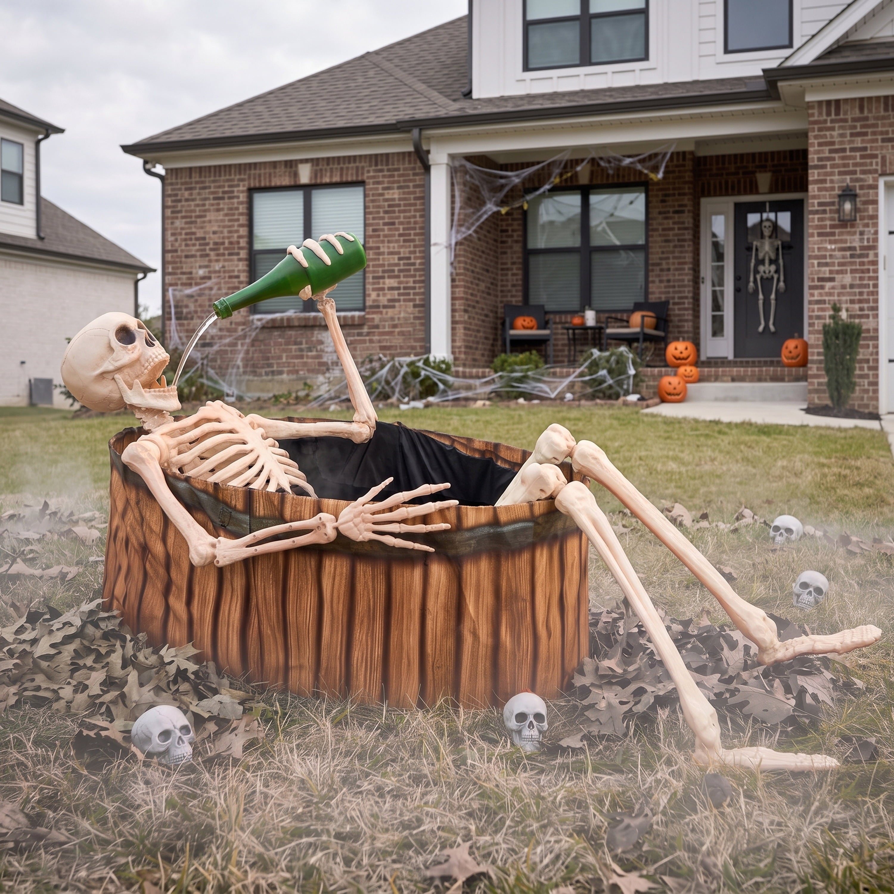 Joyfy 5ft Drinking Skeleton Halloween Animatronic Decorations, Outdoor Haunted Props with Endless Liquid Pouring Effect, Green LED Lights & Spooky Sounds, Life-Size Skeleton for Garden Yard Lawn