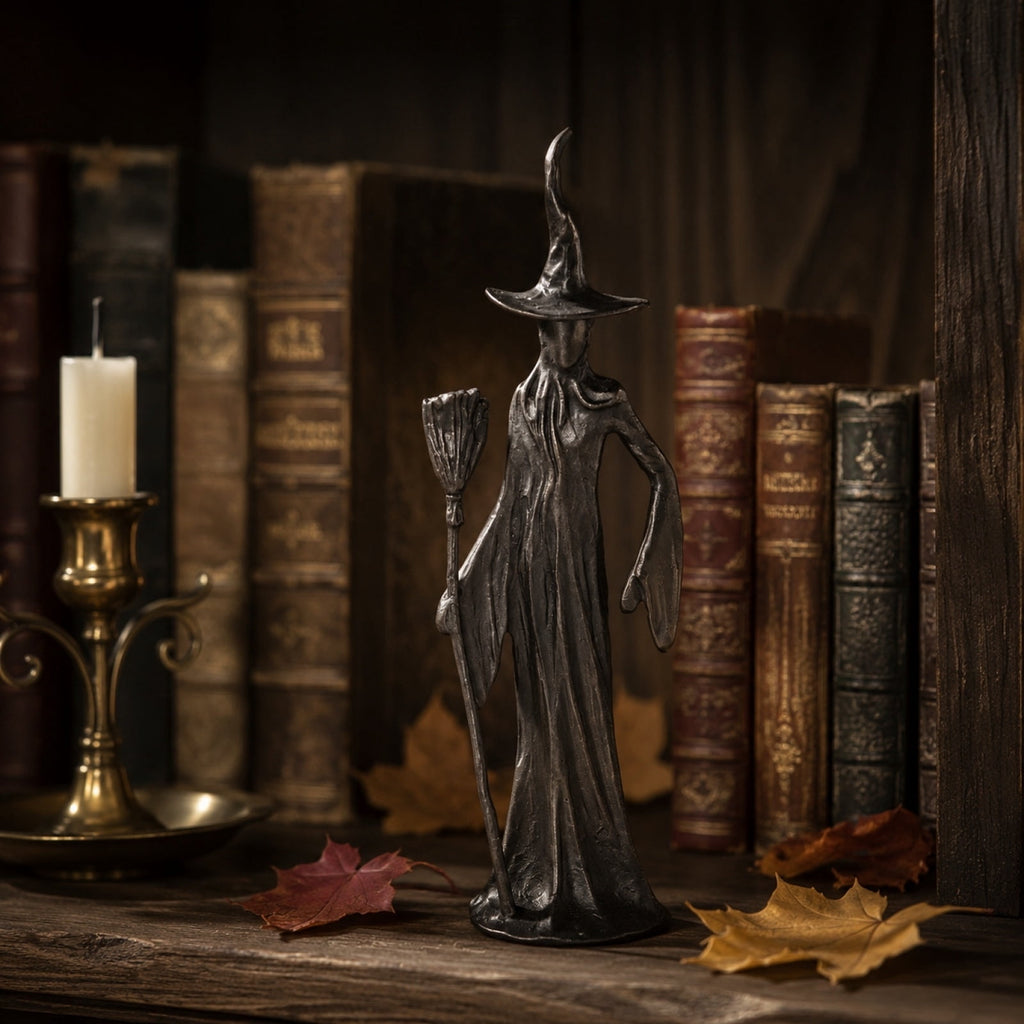 QLUEWX Halloween Sculpted Black Witch Statue, Resin Gothic Witch Figurine with Crow, 10 Inch Vintage Black Witch Sculpture Decor for Tabletop Mantel Shelf Home Holiday Party Decoration