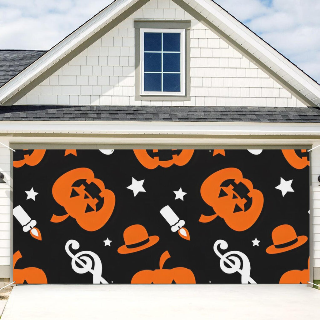 Halloween Garage Door Cover - 13x6ft Spooky Ghost Pumpkin Skull Witch Black Cat Polyester Backdrop for Outdoor Decor
