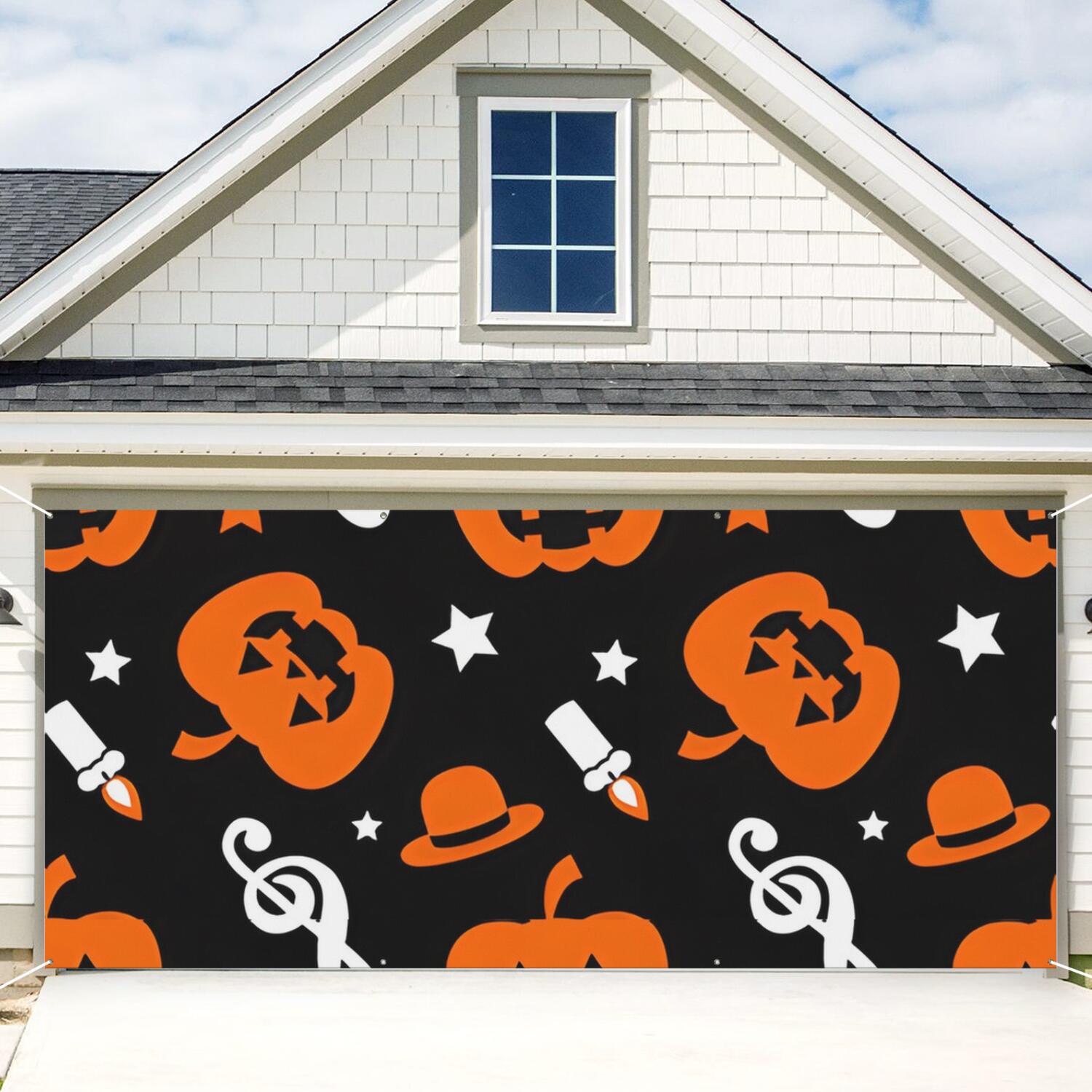 Halloween Garage Door Cover - 13x6ft Spooky Ghost Pumpkin Skull Witch Black Cat Polyester Backdrop for Outdoor Decor