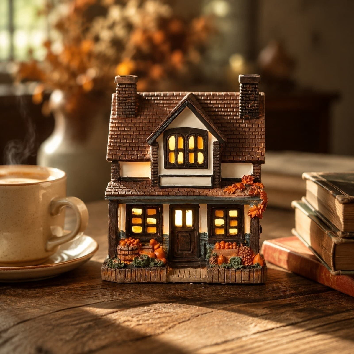 Fall Harvest Light Up Cottage House, LED Resin Pumpkin Autumn Halloween Thanksgiving Tabletop Decor with Warm Glow for Mantel Shelf Home Office Seasonal Decoration, 6" (1 PC)