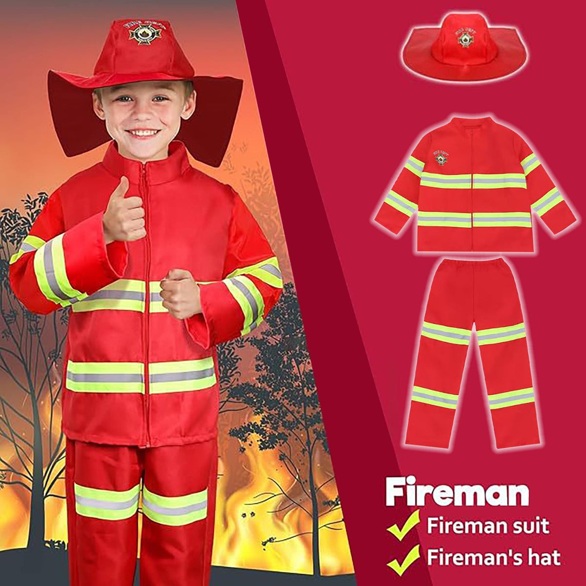 JCCXIN Child Toddler Boys Girls Halloween Fireman Outfits Career Role Play Dress-Up Party Clothes Coat And Pants With Accessories Set Trick Or Treat School Carnival Funny Outfit Sets,Red,4-5 Years