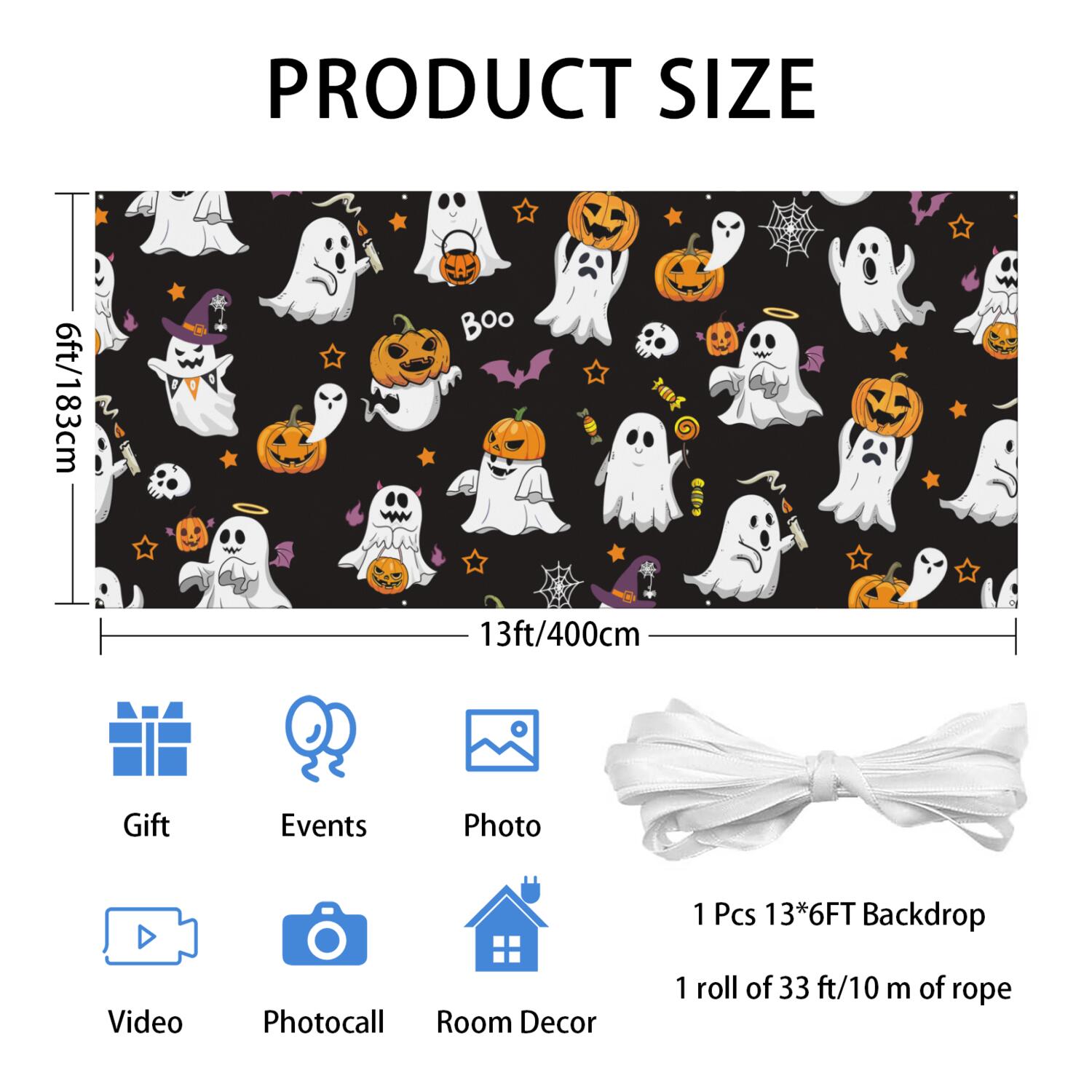 Halloween Garage Door Cover - 13x6ft Spooky Ghost Pumpkin Skull Witch Black Cat Polyester Backdrop for Outdoor Decor