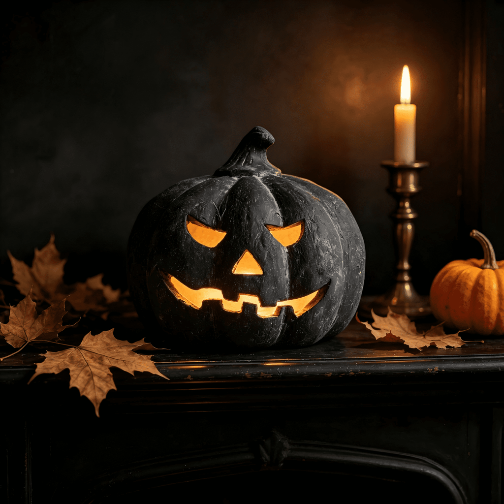 Halloween Decorations - 9.8" Black Handmade Resin Jack O Lantern Pumpkin Fall Decor, Indoor Outside Gothic Festival House Centerpiece Decoration for Table Garden Living Room Mantel
