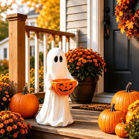 Clearance Halloween Ghost Resin Figurine with Black Cat & Pumpkin Candy Bowl 10“- Cute Spooky Tabletop Decor for Home Mantel, Shelf, and Indoor Fall Display